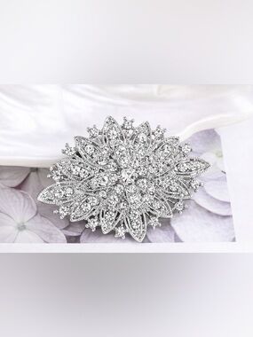 Art Deco Style Rhinestone Brooch Crystal Floral Statement Pin Silver tone